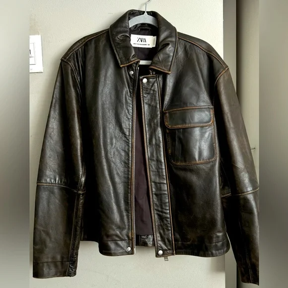 ZARA ヴィンテージエフェクトレザージャケット　牛革 ZARA VINTAGE EFFECT LEATHER JACKET SIZE LARGE / X-LARGE | eBay